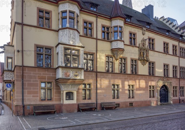 Historic ornamented building seen in Freiburg im Breisgau, a city in southern Germany at winter time