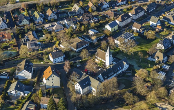 Aerial view, local view Holthausen, Evang. Gnadenkirche, Holthausen, Hagen, Ruhr area, North Rhine-Westphalia, Germany, DE, Europe, religious community, place of worship, property tax, Holthauser Straße, real estate, church, parish, denomination, aerial view, aerial photography, aerial photography, religion, overview, bird's-eye view, living and life, residential area, residential buildings, quality of life, housing estate, birds-eyes view, overview