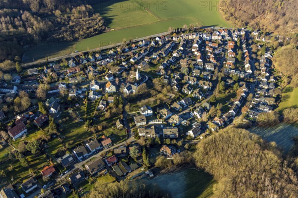 Aerial view, local view Holthausen, Evang. Gnadenkirche, Holthausen, Hagen, Ruhr area, North Rhine-Westphalia, Germany, DE, Europe, religious community, place of worship, property tax, Holthauser Straße, real estate, church, parish, denomination, aerial view, aerial photography, aerial photography, religion, overview, bird's-eye view, wooded area, woodland, living and life, residential area, residential buildings, residential quality, housing estate, birds-eyes view, overview