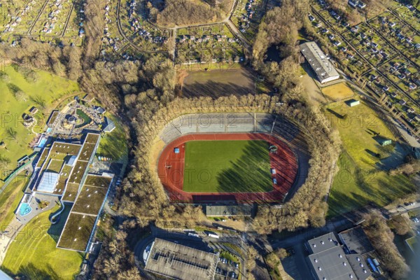 Aerial view, Ischelandstadion, Westfalenbad, Stadionstraße, Altenhagen, Hagen, Ruhr area, North Rhine-Westphalia, Germany, DE, Europe, open air, leisure pool, football pitch, football stadium, athletics stadium, aerial view, aerial photography, aerial photography, SSV Hagen sports club, swimming pool, sports, sports facilities, sports field, sports facility, stadium, overview, bird's-eye view, overview