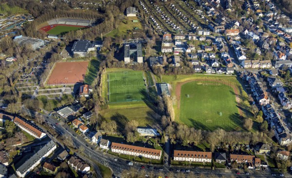Aerial view, residential area Altenhagen, Stadionstraße, sports park Ischeland, Ischelandstadion, Ischelandhalle, Krollmann Arena, Hagen, Ruhr area, North Rhine-Westphalia, Germany, arena, bathing establishment, bathing resort, education, educational institution, bridge Alexanderstraße, DE, Europe, distant view, football pitch, football stadium, football club, grammar school, Humpertstraße, Ischelandteich, allotment garden site, allotment garden association, allotment garden association Ischeland e.V., educational institute, aerial photography, aerial photography, Meinolfschule Städt.Kath.Grundschule, allotment garden, school, Spiel- und Sportverein (SSV) Hagen-Fußball e.V., sport, sports field, stadium, Theodor-Heuss-Gymnasium, overview, bird's-eye view, birds-eyes view, overview