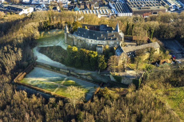 Aerial view, Hohenlimburg Castle, Hagen, Ruhr area, North Rhine-Westphalia, Germany, Alter Schlossweg, castle, castle complex, DE, Europe, property tax, hilltop castle, real estate, aerial view, aerial photography, aerial photography, castle, castle complex, castle hill, castle park, sight, overview, bird's-eye view, forest area, woodland, living and life, residential area, residential buildings, birds-eyes view, overview