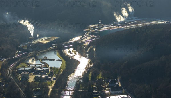 Aerial view, River Lenne backlit, Iserlohn-Letmathe sewage treatment plant, Hagen, Ruhr area, North Rhine-Westphalia, Germany, DE, Europe, River Lenne, commercial area, commercial use, industrial plant, industrial area, industrial site, aerial view, aerial photography, aerial photography, smoke cloud, overview, bird's-eye view, overview, thyssenkrupp Hohenlimburg GmbH