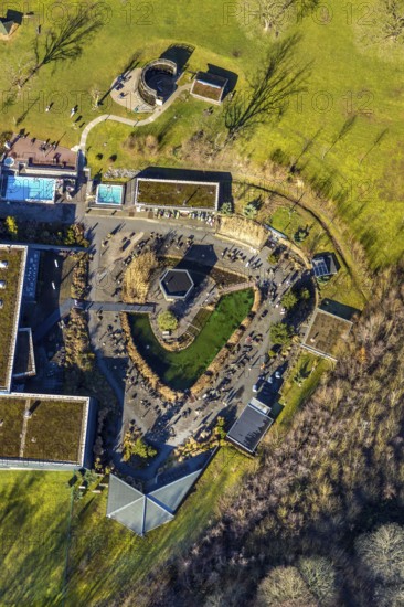 Aerial view, Westfalenbad, sauna area, Stadionstraße, Altenhagen, Hagen, Ruhr area, North Rhine-Westphalia, Germany, bathing establishment, bathing resort, DE, Europe, outdoor pool, open air area, leisure, leisure pool, leisure activities, aerial view, aerial photography, aerial photography, swimming pool, swimming pool, overview, bird's-eye view, overview