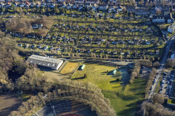 Aerial view, allotment garden association Ischeland, riding club Hagen, Hagen, Ruhr area, North Rhine-Westphalia, Germany, DE, Europe, allotment garden, allotment garden site, allotment garden association, allotment garden association Ischeland e.V., aerial view, aerial photography, aerial photography, equestrian sports, riding club Hagen 1902 e.V., allotment garden, overview, bird's-eye view, overview