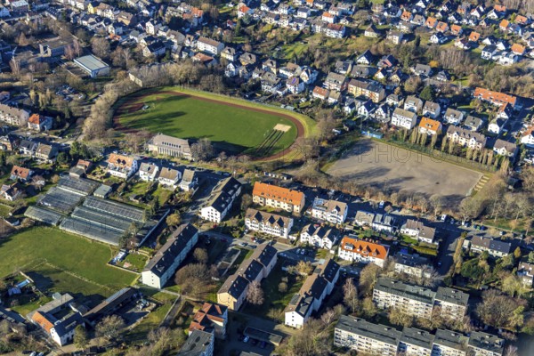 Aerial view, Kampfbahn Boelerheide, Boelerheide, Hagen, Ruhr area, North Rhine-Westphalia, Germany, DE, Europe, property tax, high-rise buildings, real estate, aerial view, aerial photography, aerial photography, apartment buildings, Rosen Neumann greenhouse, Sauerland Mustangs home ground, sports, sports facilities, sports field, sports facility, overview, bird's eye view, living and life, residential area, residential buildings, birds-eyes view, overview
