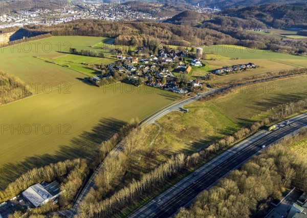 Aerial view, district Haßley and new development area, Hagen, Ruhr area, North Rhine-Westphalia, Germany, motorway A45, DE, Donnerkuhler Weg, Europe, Haßley, Haßleyer Straße, landscape, aerial view, aerial photography, aerial photography, Raiffeisen Markt, overview, bird's-eye view, forest area, woodland, meadows and fields, birds-eyes view, overview