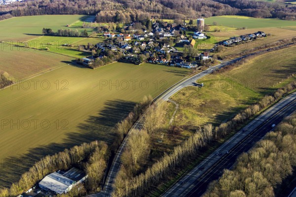 Aerial view, district Haßley and new development area, Hagen, Ruhr area, North Rhine-Westphalia, Germany, motorway A45, DE, Donnerkuhler Weg, Europe, Haßley, Haßleyer Straße, landscape, aerial view, aerial photography, aerial photography, Raiffeisen Markt, overview, bird's-eye view, forest area, woodland, meadows and fields, birds-eyes view, overview