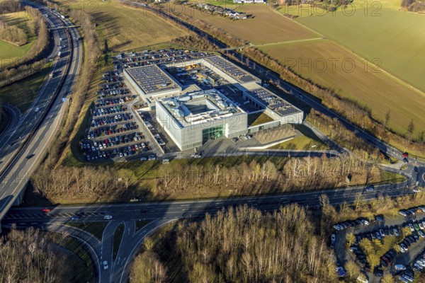 Aerial photo, ENERVIE - Südwestfalen Energie und Wasser AG, ADUG - Arbeits-Daten-Umwelt-Gesundheitsschutz GmbH, Emst, Hagen, Ruhr area, North Rhine-Westphalia, Germany, motorway A45, DE, energy, energy services, energy management, energy network, energy supplier, energy industry, Europe, health and safety at work, aerial photo, aerial photography, aerial photography, car parks, Platz der Impulse, solar plant, overview, environmental management, company network, bird's eye view, birds-eyes view, formerly Sewag, overview
