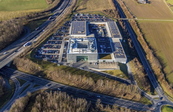 Aerial photo, ENERVIE - Südwestfalen Energie und Wasser AG, ADUG - Arbeits-Daten-Umwelt-Gesundheitsschutz GmbH, Emst, Hagen, Ruhr area, North Rhine-Westphalia, Germany, motorway A45, DE, energy, energy services, energy management, energy network, energy supplier, energy industry, Europe, health and safety at work, aerial photo, aerial photography, aerial photography, car parks, Platz der Impulse, solar plant, overview, environmental management, company network, bird's eye view, birds-eyes view, formerly Sewag, overview