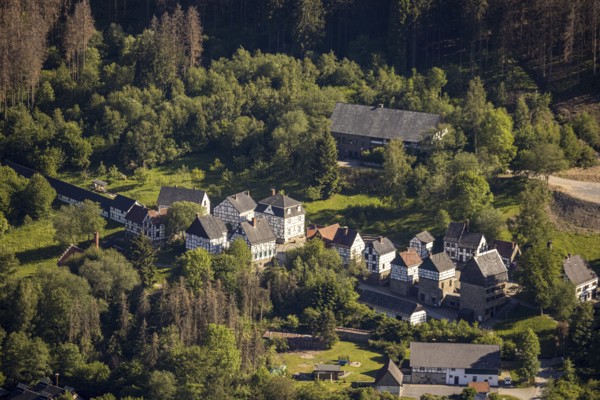 Aerial view, open-air museum Hagen, LWL, Hagen, Ruhr area, North Rhine-Westphalia, Germany, DE, Europe, half-timbered houses, culture, art, LWL open-air museum, aerial view, aerial photography, aerial photography, museum, overview, bird's-eye view, overview