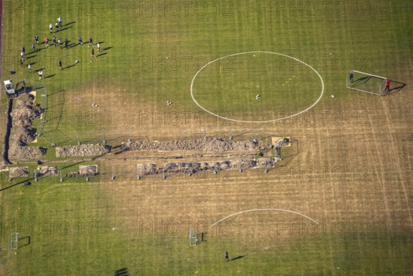 Aerial photo, construction work, Kirchenberg stadium, Hagen-Hohenlimburg, Ruhr area, North Rhine-Westphalia, Germany, construction site, Corona measures, DE, Europe, football pitch, football stadium, football club, aerial photo, aerial photography, aerial photography, renovation, sport, sports facilities, sports field, sports facility, stadium, training sessions, overview, bird's eye view, bird's eye view, overview
