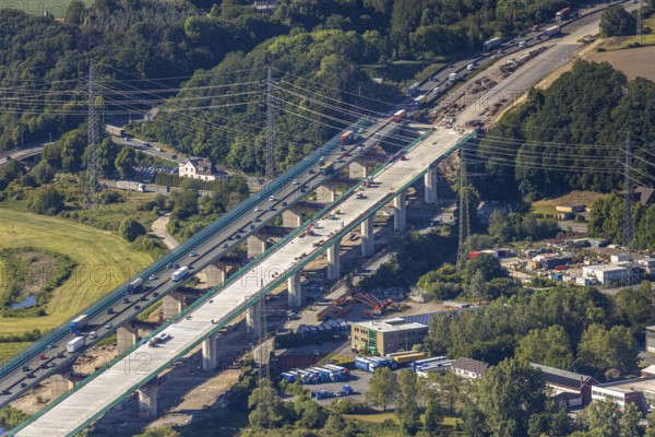 Aerial view, new construction of the Lennetal bridge A45, Berchum, Sauerland line, motorway bridge, Hagen, Ruhr area, North Rhine-Westphalia, Germany, motorway A45, construction work, construction vehicles, construction site, construction project, construction site, bridge, bridge structure, DE, renewal, Europe, river Lenne, Lennetal bridge, aerial view, aerial photography, aerial photography, new construction, renovation, refurbishment, overview, bird's-eye view, bird's-eye view, overview