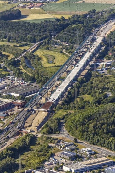 Aerial view, new construction of the Lennetal bridge A45, Berchum, Sauerland line, motorway bridge, Hagen, Ruhr area, North Rhine-Westphalia, Germany, motorway A45, construction work, construction vehicles, construction site, construction project, construction site, bridge, bridge structure, DE, renewal, Europe, river Lenne, Lennetal bridge, aerial view, aerial photography, aerial photography, new construction, renovation, refurbishment, overview, bird's-eye view, bird's-eye view, overview