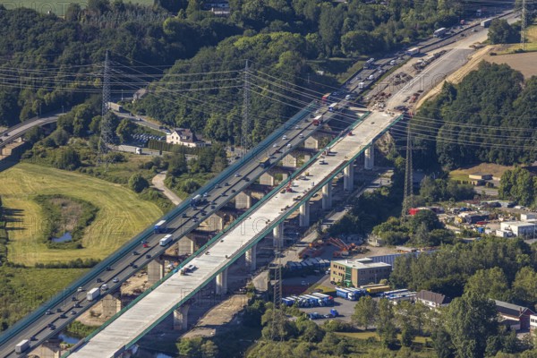 Aerial view, new construction of the Lennetal bridge A45, Berchum, Sauerland line, motorway bridge, Hagen, Ruhr area, North Rhine-Westphalia, Germany, motorway A45, construction work, construction vehicles, construction site, construction project, construction site, bridge, bridge structure, DE, renewal, Europe, river Lenne, Lennetal bridge, aerial view, aerial photography, aerial photography, new construction, renovation, refurbishment, overview, bird's-eye view, bird's-eye view, overview