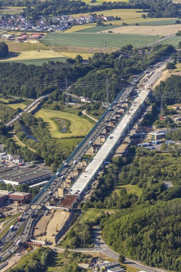 Aerial view, new construction of the Lennetal bridge A45, Berchum, Sauerland line, motorway bridge, Hagen, Ruhr area, North Rhine-Westphalia, Germany, motorway A45, construction work, construction vehicles, construction site, construction project, construction site, bridge, bridge structure, DE, renewal, Europe, river Lenne, Lennetal bridge, aerial view, aerial photography, aerial photography, new construction, renovation, refurbishment, overview, bird's-eye view, bird's-eye view, overview