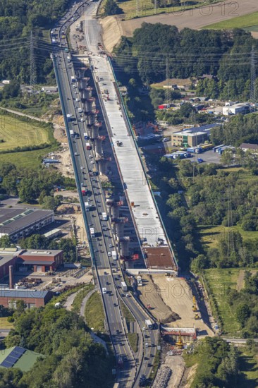 Aerial view, new construction of the Lennetal bridge A45, Berchum, Sauerland line, motorway bridge, Hagen, Ruhr area, North Rhine-Westphalia, Germany, motorway A45, construction work, construction vehicles, construction site, construction project, construction site, bridge, bridge structure, DE, renewal, Europe, river Lenne, Lennetal bridge, aerial view, aerial photography, aerial photography, new construction, renovation, refurbishment, overview, bird's-eye view, bird's-eye view, overview