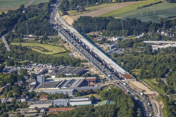 Aerial view, new construction of the Lennetal bridge A45, Berchum, Sauerland line, motorway bridge, Hagen, Ruhr area, North Rhine-Westphalia, Germany, motorway A45, construction work, construction vehicles, construction site, construction project, construction site, bridge, bridge structure, DE, renewal, Europe, river Lenne, Lennetal bridge, aerial view, aerial photography, aerial photography, new construction, renovation, refurbishment, overview, bird's-eye view, bird's-eye view, overview