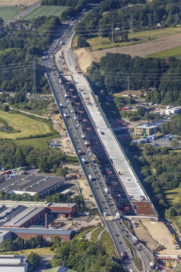 Aerial view, new construction of the Lennetal bridge A45, Berchum, Sauerland line, motorway bridge, Hagen, Ruhr area, North Rhine-Westphalia, Germany, motorway A45, construction work, construction vehicles, construction site, construction project, construction site, bridge, bridge structure, DE, renewal, Europe, river Lenne, Lennetal bridge, aerial view, aerial photography, aerial photography, new construction, renovation, refurbishment, overview, bird's-eye view, bird's-eye view, overview