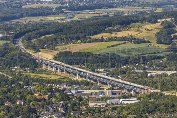 Aerial view, new construction of the Lenne valley bridge A45, Berchum, Hagen, Ruhr area, North Rhine-Westphalia, Germany, motorway A45, motorway bridge, construction work, construction vehicles, construction site, construction measure, construction project, construction site, bridge, bridge structure, DE, renewal, Europe, river Lenne, Lenne valley bridge, aerial view, aerial photography, aerial photography, new construction, renovation, refurbishment, overview, bird's-eye view, bird's-eye view, overview