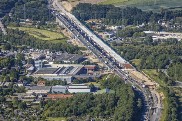 Aerial view, new construction of the Lennetal bridge A45, Berchum, Sauerland line, motorway bridge, Hagen, Ruhr area, North Rhine-Westphalia, Germany, motorway A45, construction work, construction vehicles, construction site, construction project, construction site, bridge, bridge structure, DE, renewal, Europe, river Lenne, Lennetal bridge, aerial view, aerial photography, aerial photography, new construction, renovation, refurbishment, overview, bird's-eye view, bird's-eye view, overview