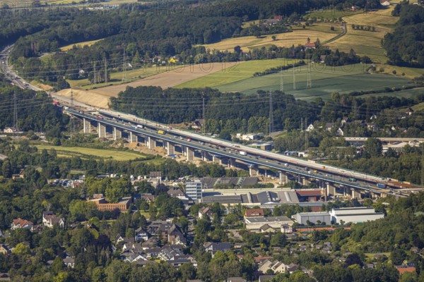 Aerial view, new construction of the Lenne valley bridge A45, Berchum, Hagen, Ruhr area, North Rhine-Westphalia, Germany, motorway A45, motorway bridge, construction work, construction vehicles, construction site, construction measure, construction project, construction site, bridge, bridge structure, DE, renewal, Europe, river Lenne, Lenne valley bridge, aerial view, aerial photography, aerial photography, new construction, renovation, refurbishment, overview, bird's-eye view, bird's-eye view, overview