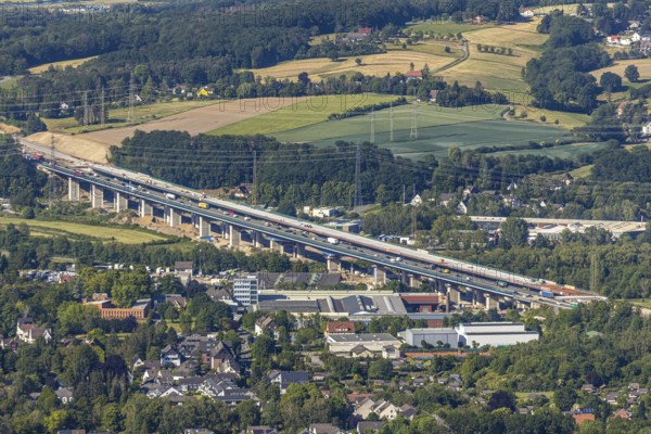 Aerial view, new construction of the Lenne valley bridge A45, Berchum, Hagen, Ruhr area, North Rhine-Westphalia, Germany, motorway A45, motorway bridge, construction work, construction vehicles, construction site, construction measure, construction project, construction site, bridge, bridge structure, DE, renewal, Europe, river Lenne, Lenne valley bridge, aerial view, aerial photography, aerial photography, new construction, renovation, refurbishment, overview, bird's-eye view, bird's-eye view, overview