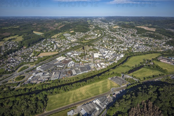 Aerial view, motorway A46, city centre view and commercial area Elseyer Straße, river Lenne, Hagen-Hohenlimburg, Ruhr area, North Rhine-Westphalia, Germany, DE, Europe, distant view, commercial enterprises, commercial area, commercial area, commercial location, commercial use, property tax, real estate, industrial area, industrial location, aerial view, aerial photography, aerial photography, overview, bird's-eye view, forest area, living and working, living and life, residential area, residential buildings, residential quality, housing estate, birds-eyes view, overview