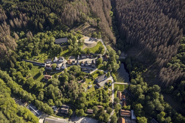 Aerial view, open-air museum Hagen, LWL, Hagen, Ruhr area, North Rhine-Westphalia, Germany, DE, Europe, half-timbered houses, culture, art, LWL open-air museum, aerial view, aerial photography, aerial photography, museum, overview, bird's-eye view, overview