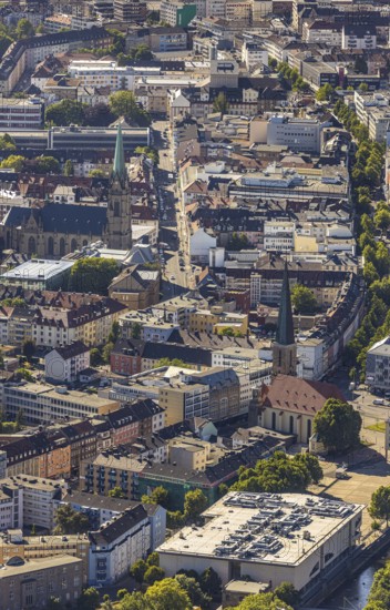 Aerial view, city centre view, Johanniskirche, St. Marien Kirche, Mittelstadt, Hagen, Ruhr area, North Rhine-Westphalia, Germany, place of worship, City, DE, shopping centre, shopping place, shopping mall, Europe, specialist markets, religious community, place of worship, city centre, church, parish, denomination, aerial view, aerial photography, aerial photography, Mittelstraße, city view, city area, city centre, overview, bird's-eye view, overview