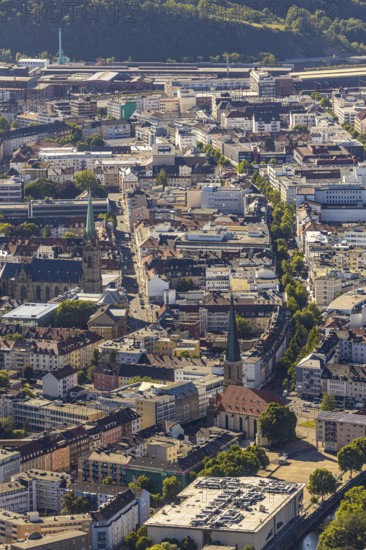 Aerial view, city centre view, Johanniskirche, St. Marien Kirche, Mittelstadt, Hagen, Ruhr area, North Rhine-Westphalia, Germany, place of worship, City, DE, shopping centre, shopping place, shopping mall, Europe, specialist markets, religious community, place of worship, city centre, church, parish, denomination, aerial view, aerial photography, aerial photography, Mittelstraße, city view, city area, city centre, overview, bird's-eye view, overview