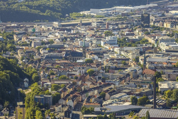 Aerial view, city centre view, Johanniskirche, St. Marien Kirche, Mittelstadt, Hagen, Ruhr area, North Rhine-Westphalia, Germany, place of worship, City, DE, shopping centre, shopping place, shopping mall, Europe, specialist markets, religious community, place of worship, city centre, church, parish, denomination, aerial view, aerial photography, aerial photography, Mittelstraße, city view, city area, city centre, overview, bird's-eye view, overview
