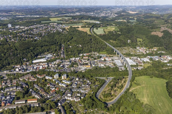 Aerial view, Volme descent and Volme bridge, local view Delstern, Hagen, Ruhr area, North Rhine-Westphalia, Germany, DE, Europe, distant view, aerial view, aerial photography, aerial photography, local view, road traffic, overview, bird's eye view, Volme bridge, birds-eyes view, overview