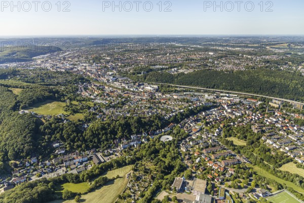 Aerial view, townscape Hagen, Otto-Densch-Halle, Volmetalstraße, Mittelstadt, Hagen, Ruhr area, North Rhine-Westphalia, Germany, DE, Europe, distant view, property tax, real estate, city centre, aerial view, aerial photography, aerial photography, townscape, city area, overview, bird's eye view, forest area, living and life, residential area, quality of life, birds-eyes view, overview