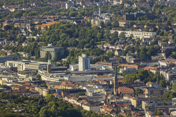 Aerial view, city centre view, Johanniskirche, Rathaus Galerie Hagen, Mittelstadt, Hagen, Ruhr area, North Rhine-Westphalia, Germany, place of worship, City, DE, shopping centre, shopping place, shopping mall, Europe, specialist markets, religious community, place of worship, city centre, church, parish, denomination, aerial view, aerial photography, aerial photography, Mittelstraße, city view, city area, city centre, overview, bird's-eye view, overview