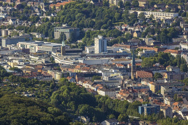 Aerial view, city centre view, Johanniskirche, Rathaus Galerie Hagen, Mittelstadt, Hagen, Ruhr area, North Rhine-Westphalia, Germany, place of worship, City, DE, shopping centre, shopping place, shopping mall, Europe, specialist markets, religious community, place of worship, city centre, church, parish, denomination, aerial view, aerial photography, aerial photography, Mittelstraße, city view, city area, city centre, overview, bird's-eye view, overview