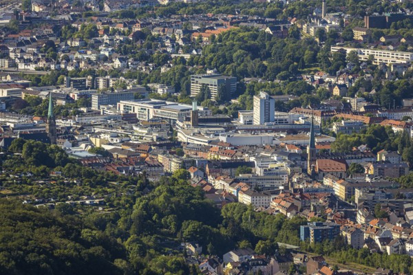 Aerial view, city centre view, Johanniskirche, St. Marien Kirche, Mittelstadt, Hagen, Ruhr area, North Rhine-Westphalia, Germany, place of worship, City, DE, shopping centre, shopping place, shopping mall, Europe, specialist markets, religious community, place of worship, city centre, church, parish, denomination, aerial view, aerial photography, aerial photography, Mittelstraße, city view, city area, city centre, overview, bird's-eye view, overview