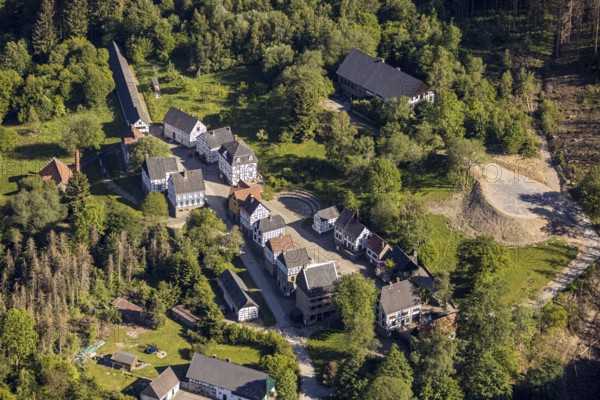 Aerial view, open-air museum Hagen, LWL, Hagen, Ruhr area, North Rhine-Westphalia, Germany, DE, Europe, half-timbered houses, culture, art, LWL open-air museum, aerial view, aerial photography, aerial photography, museum, overview, bird's-eye view, overview