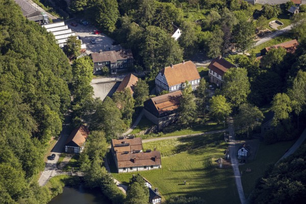 Aerial view, open-air museum Hagen, LWL, Hagen, Ruhr area, North Rhine-Westphalia, Germany, DE, Europe, half-timbered houses, culture, art, LWL open-air museum, aerial view, aerial photography, aerial photography, museum, overview, bird's-eye view, overview