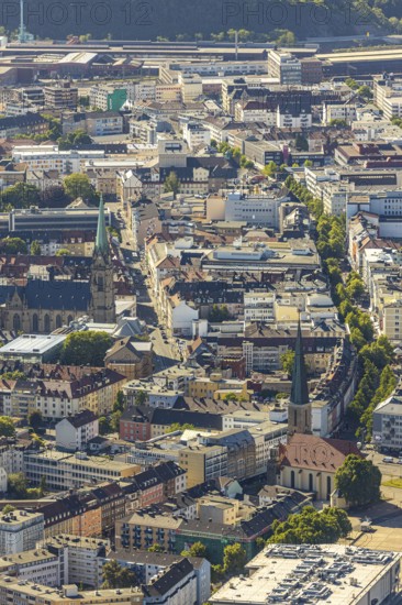 Aerial view, city centre view, Johanniskirche, St. Marien Kirche, Mittelstadt, Hagen, Ruhr area, North Rhine-Westphalia, Germany, place of worship, City, DE, shopping centre, shopping place, shopping mall, Europe, specialist markets, religious community, place of worship, city centre, church, parish, denomination, aerial view, aerial photography, aerial photography, Mittelstraße, city view, city area, city centre, overview, bird's-eye view, overview