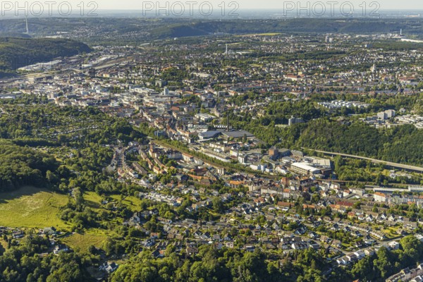 Aerial view, townscape Hagen, Volmetalstraße, middle town, Hagen, Ruhr area, North Rhine-Westphalia, Germany, DE, Europe, distant view, property tax, real estate, city centre, aerial view, aerial photography, aerial photography, townscape, city area, overview, bird's eye view, forest area, living and life, residential area, quality of life, birds-eyes view, overview