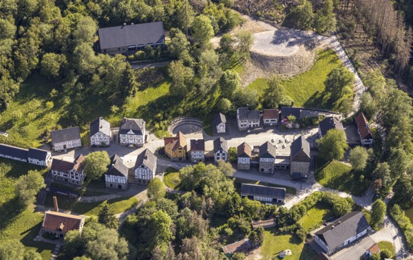 Aerial view, open-air museum Hagen, LWL, Hagen, Ruhr area, North Rhine-Westphalia, Germany, DE, Europe, half-timbered houses, culture, art, LWL open-air museum, aerial view, aerial photography, aerial photography, museum, overview, bird's-eye view, overview