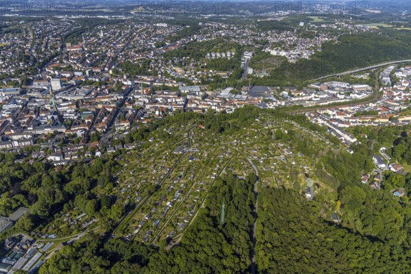 Aerial view, allotment garden association Goldberg, local view Hagen-Mitte, Oberhagen, Mittelstadt, Hagen, Ruhr area, North Rhine-Westphalia, Germany, place of worship, City, DE, Europe, community garden, community of faith, place of worship, city centre, KGV, church, church community, allotment garden, allotment garden site, allotment garden association, allotment gardener association, denomination, aerial view, aerial photography, aerial photography, local view, allotment garden, St. Marien Kirche, townscape, city area, city centre, overview, bird's-eye view, birds-eyes view, overview