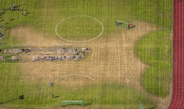 Aerial photo, construction work, Kirchenberg stadium, Hagen-Hohenlimburg, Ruhr area, North Rhine-Westphalia, Germany, construction site, Corona measures, DE, Europe, football pitch, football stadium, football club, aerial photo, aerial photography, aerial photography, renovation, sport, sports facilities, sports field, sports facility, stadium, training sessions, overview, bird's-eye view, bird's-eye view, overview