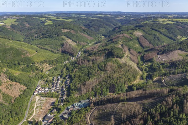 Aerial view, Nahmerbach, residential area in the valley, Hagen-Hohenlimburg, Ruhr area, North Rhine-Westphalia, Germany, biotope Königsee nature reserve, DE, Europe, commercial enterprises, commercial area, commercial location, commercial use, property tax, wood processing, Huesecken Wire GmbH, hilly landscape, real estate, industrial area, industrial site, aerial view, aerial photography, aerial photography, mixed forest, sawmill, overview, bird's-eye view, forest, forest area, forest damage, forest dieback, housing estate, housing and living, residential area, residential buildings, housing quality, housing estate, birds-eyes view, overview