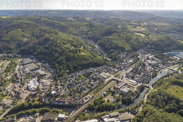 Aerial view, aerial view, Hohenlimburg railway station, river Lenne, Hagen-Hohenlimburg, Ruhr area, North Rhine-Westphalia, Germany, railway tracks, DE, Europe, commercial enterprises, commercial area, commercial location, commercial use, industrial area, industrial location, aerial photograph, aerial photography, aerial photography, overview, bird's-eye view, forest, birds-eyes view, overview