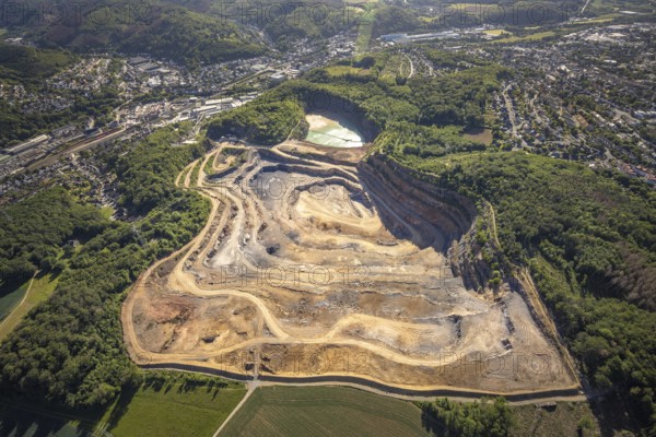 Aerial photograph, Steltenberg quarry, Hohenlimburg lime works, Hagen-Hohenlimburg, Ruhr area, North Rhine-Westphalia, Germany, DE, Europe, Steltenberg quarry protected landscape, Steltenberg landscape conservation area, aerial photograph, aerial photography, aerial photography, quarry, open-cast mine, overview, bird's-eye view, overview