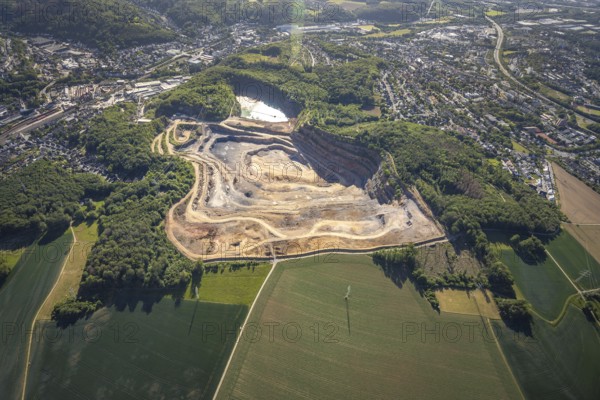 Aerial photograph, Steltenberg quarry, Hohenlimburg lime works, Hagen-Hohenlimburg, Ruhr area, North Rhine-Westphalia, Germany, DE, Europe, Steltenberg quarry protected landscape, Steltenberg landscape conservation area, aerial photograph, aerial photography, aerial photography, quarry, open-cast mine, overview, bird's-eye view, overview