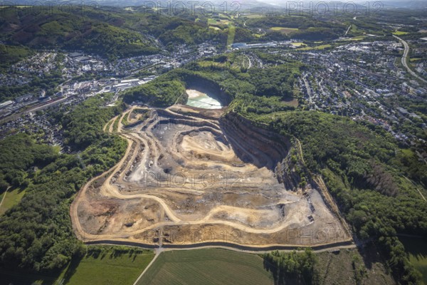 Aerial photograph, Steltenberg quarry, Hohenlimburg lime works, Hagen-Hohenlimburg, Ruhr area, North Rhine-Westphalia, Germany, DE, Europe, Steltenberg quarry protected landscape, Steltenberg landscape conservation area, aerial photograph, aerial photography, aerial photography, quarry, open-cast mine, overview, bird's-eye view, overview