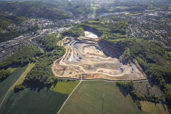 Aerial photograph, Steltenberg quarry, Hohenlimburg lime works, Hagen-Hohenlimburg, Ruhr area, North Rhine-Westphalia, Germany, DE, Europe, Steltenberg quarry protected landscape, Steltenberg landscape conservation area, aerial photograph, aerial photography, aerial photography, quarry, open-cast mine, overview, bird's-eye view, overview